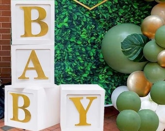 White Boxes for baby shower with gold BABY Letters, Baby Shower Decorations, Gender Reveal, Balloon BABY Shower Boxes, Photo Prop, Gold