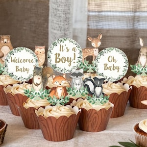 Woodland Animals Cupcake Toppers: Baby Shower Decorations, Set of 33