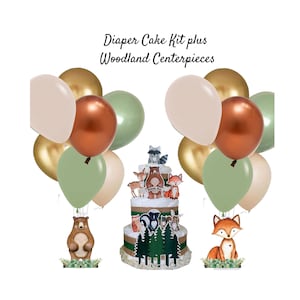 Woodland Baby Shower Diaper Cake Kit and Set of Two Balloon Centerpieces, Fox and Bear Balloon Centerpieces, Woodland Animals Diaper Cake