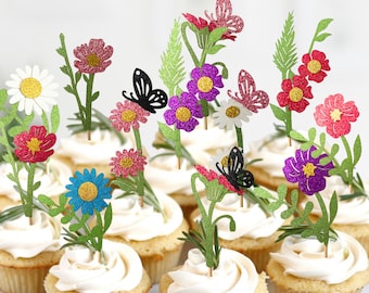 Glitter Wildflower Cupcake Toppers (Set of 24): Boho Party Decor