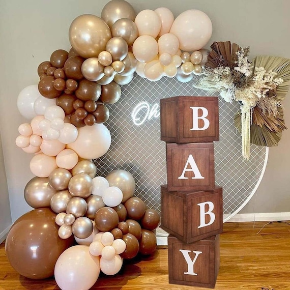 Wood Baby Shower Boxes for Birthday Party Decorations - 4 Wood Grain Brown  Blocks with Printed BABY Letters, Gender Reveal Backdrop,Teddy Bear Baby