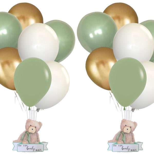 We can Bearly wait Balloon Centerpiece Set, Teddy Bear Baby Shower Balloon Bouquet Set, Sage Green, White, and Gold Balloons, Balloons