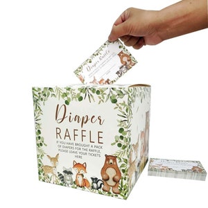 Woodland Animals Diaper Raffle Box with Cards: Baby Shower Decoration