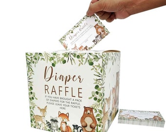 Woodland Animals Diaper Raffle Baby Shower Box, Woodland Baby Shower Diaper Raffle Box with Cards, Diaper Raffle Box, Baby Shower Decoration