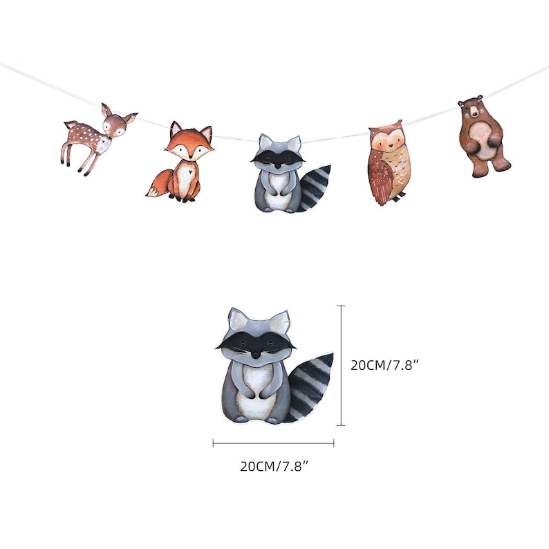 May include: A woodland animal garland featuring a deer, fox, raccoon, owl, and bear. Each animal is illustrated in a cartoon style against a white background. The garland is 20 cm long.