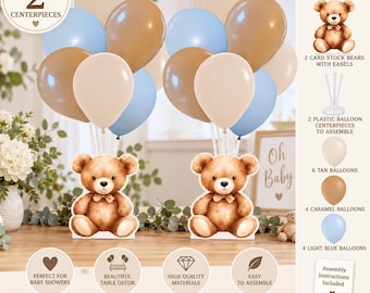We Can Bearly Wait Teddy Bear Baby Shower Balloon Centerpieces: Tan & Blue Set of 2