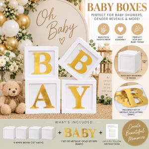 May include: Four white square boxes with metallic gold letters spelling BABY. Each box measures 12 inches. The set includes four white boxes and one set of metallic gold letters. The letters are adhesive and the boxes are designed for assembly.