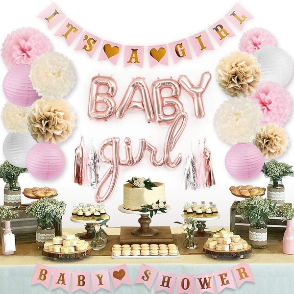 Decoraciones rosas para baby shower de niña, baby shower "It's a Girl", globos con letras para niña, decoraciones rosas y doradas para baby shower, fondo