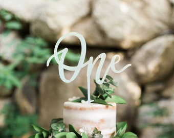 One Wooden Cake Topper, One Neutral First Birthday Decoration, Boho First Birthday Cake Topper, Greenery Birthday Cake Topper