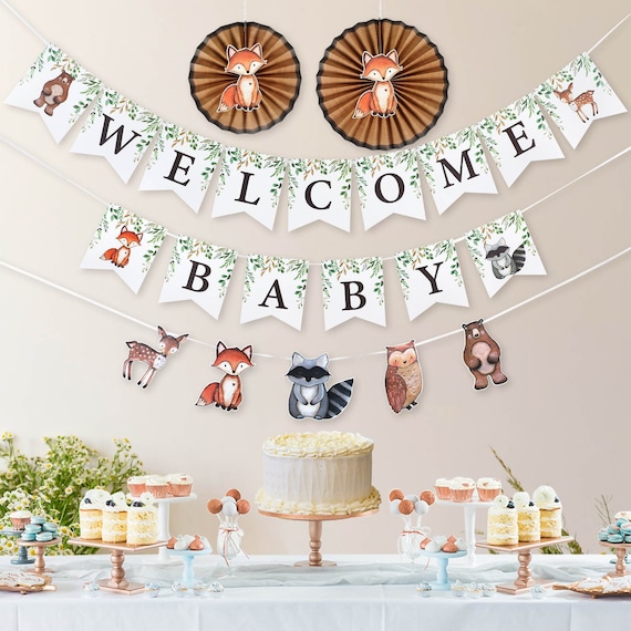 Woodland Baby Shower Banner Kit: Animals & Paper Rosettes