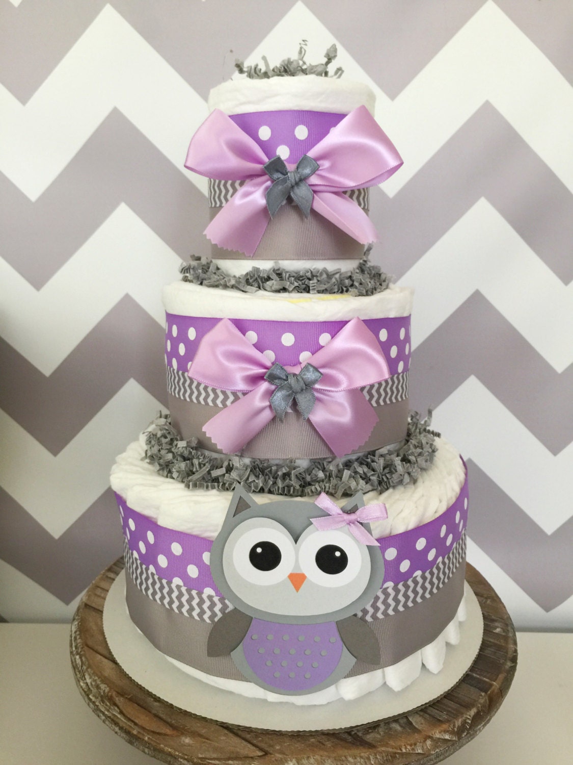 Owl Diaper Cake in Lavender and Gray Owl Baby Shower