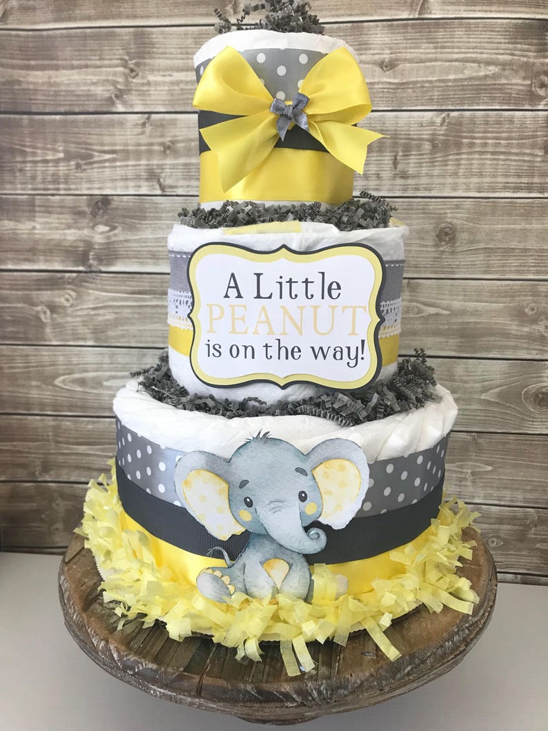 Elephant Baby Shower Diaper Cake In Yellow And Gray Little Etsy