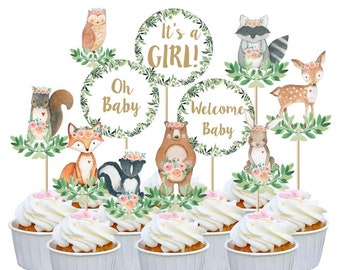 33 Woodland Animals Cupcake Toppers for Girls, Oh Baby Woodland Cupcake Toppers, Welcome Baby Cupcake Toppers, Its a Girl Cupcake Toppers