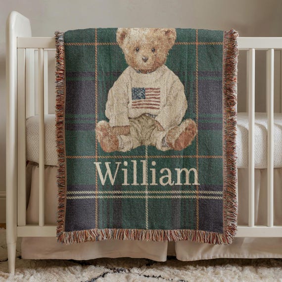 Teddy Bear with Plaid Background Woven Blanket | Personalized Name