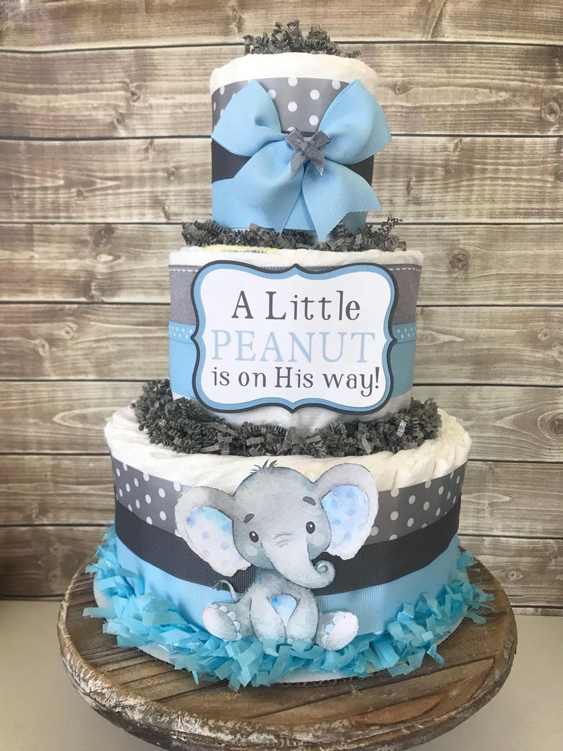 Little Peanut Diaper Cake In Blue And Gray Elephant Baby Image 0