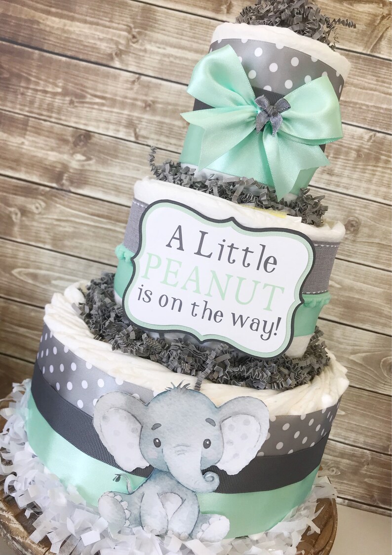 Little Peanut Diaper Cake In Mint And Gray Elephant Baby Etsy