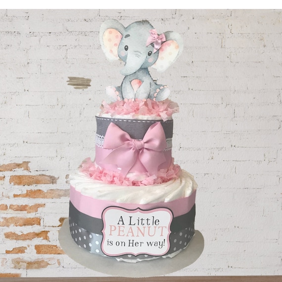pink and grey elephant diaper cake