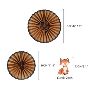 May include: Two brown paper fans with black trim, one is 35 cm in diameter and the other is 30 cm in diameter. A small card with a cartoon fox illustration is 13 cm tall. The text on the card reads "Cards 2pcs".