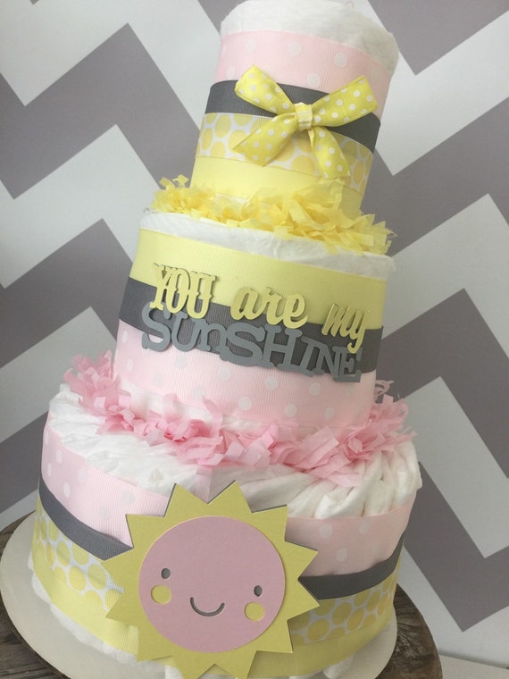 You are my Sunshine Theme Yellow and Gray Diaper Cake 3 Tier Diaper Cake