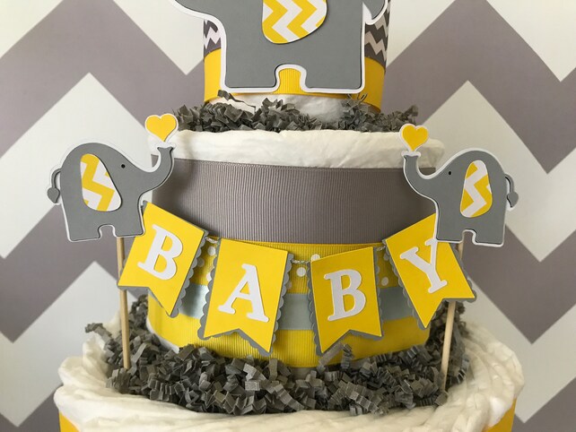 Elephant Diaper Cake In Yellow Gray And White Elephant Baby Shower