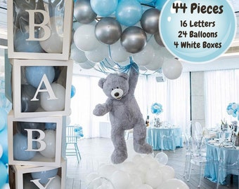 Baby Block Balloon Box with Letters, Baby Shower Decorations, Jumbo Transparent Balloon Boxes, Blue, Gray and White