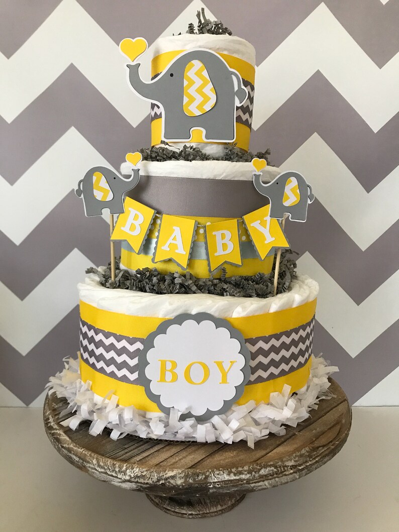 Elephant Diaper Cake In Yellow Gray And White Elephant Baby Etsy