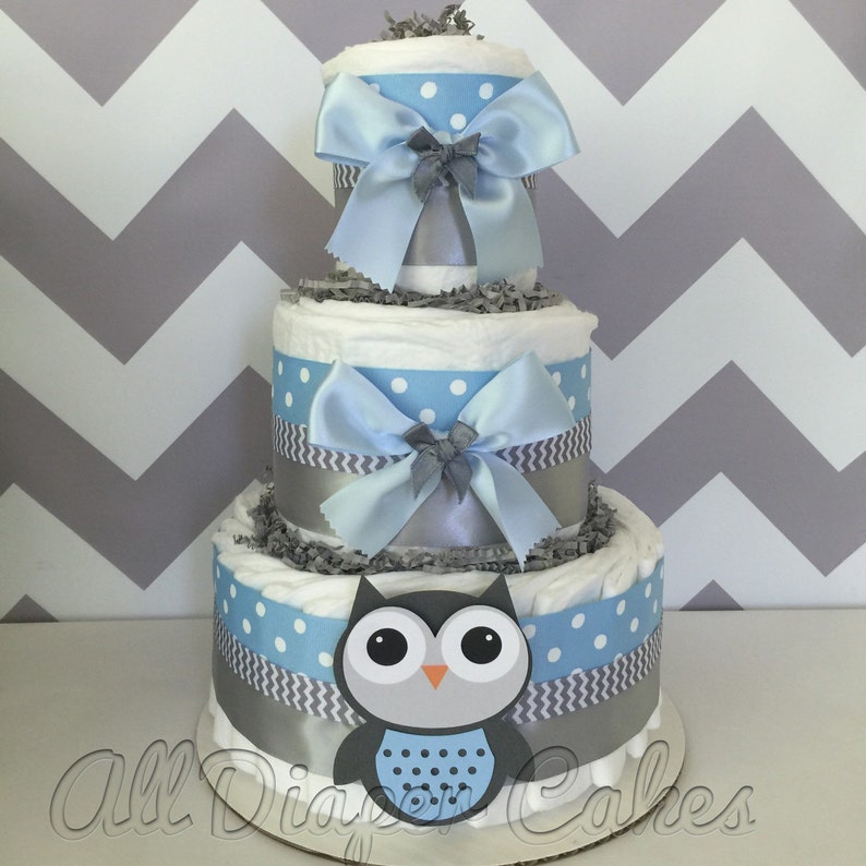 Deluxe Owl Diaper Cake In Blue And Gray Owl Baby Shower Etsy