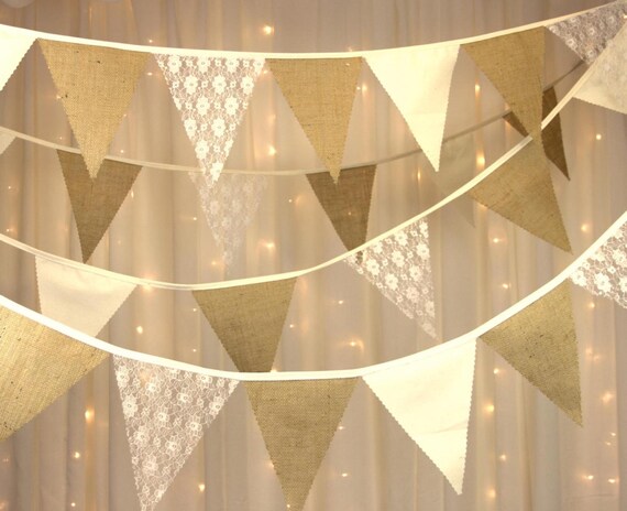 Traditional Mini bunting hessian lace 4 inch flags 1 meter ideal wedding table 