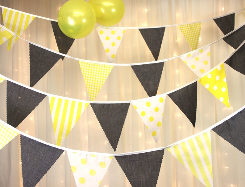 stripe Ideal for weddings Yellow /& grey bunting choose your own length from 1 meter with spot and gingham flags baby showers and parties
