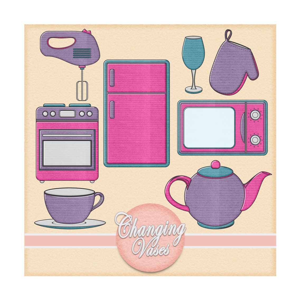 Pink &amp; Purple Kitchen Clipart Clip Art Graphics Microwave - Etsy