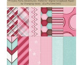 Digital Scrapbook Paper Pack Princess Party Adventures, Geometric Pattern Texture, Pink Teal Brown Clipart Clip Art, Photo Background