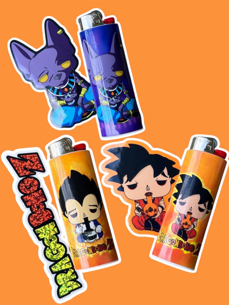 May include: Four lighters with cartoon character designs on an orange background. Two lighters feature a purple cat-like character. The other two lighters have anime characters with the text "DRAGONBONG" and "DRAGON BONG Z".