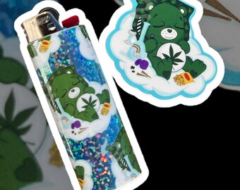 Custom Stoner 420 Lighter Case Sleeve 3D Printed Sticker Munchie Naptime Bear Glitter