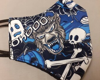 Blue scary MONSTERS face covering, goth, gothic, metalhead, alternative, witch, strega, halloween, werewolf, vampire, mummy, skull, ghost
