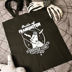 BRIDE of Frankenstein: Monster Love  print cotton tote bag, goth, gothic, metalhead, witchy, alternative, Halloween, witchy, bruja, strega