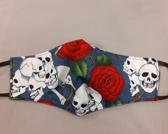 Skulls n roses (slate blue background) face covering, goth, gothic, metalhead, witchy, alternative, skateboarder