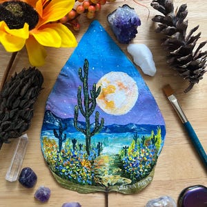 Hand-Painted Desert Full Moon Leaf Art - Framed Botanical Painting