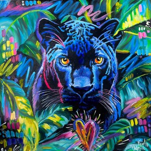 May include: A blue and black panther with yellow eyes is surrounded by vibrant green, yellow, and pink foliage. A large red heart is in the foreground.