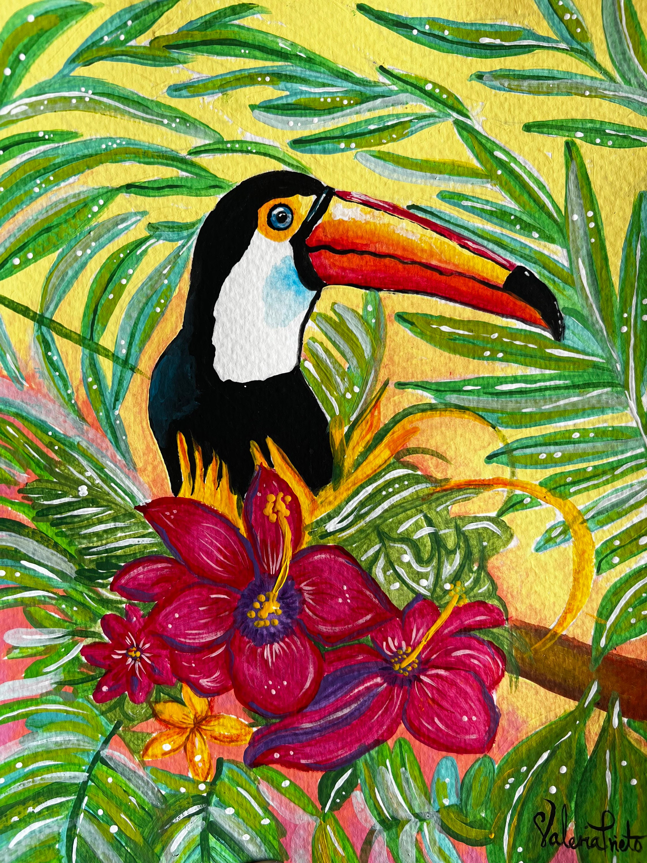 Tableau Toile Arche Oiseaux Fleurs - 54x100cm - Décor Mural Salon Chambre - Multicolore Vert Rose - 3