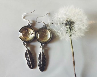 Dandelion Earrings , botanical earrings, pressed flower earrings. Ooak earrings. Make a wish earrings. Dandelion earrings. Bohemian.