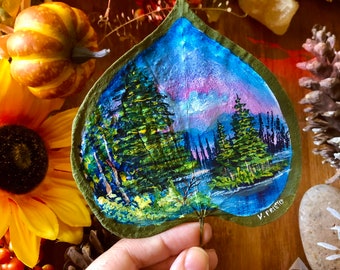 Island Bob Ross inspired landscape hand painted on natural dried leaf.  Island painting, nature painting, painted leaves, nature lovers.