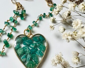 Heart pendant with Russian Amazonite quartz and Green Onyx earrings