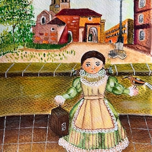 May include: An original painting depicts a young person in a green and tan dress, holding a bird and a small wooden cage. The background features a European-style cityscape with buildings and a lamppost. The artwork is done in watercolor.