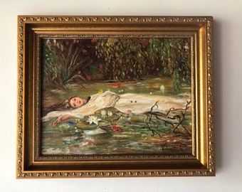 Print Ophelia oil painting. Girl on water with flowers.