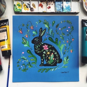 Rabbit illustration folk original, unique rabbit painting, rabbit with flowers, botanical rabbit. Rabbit wall art, rabbit wall decor
