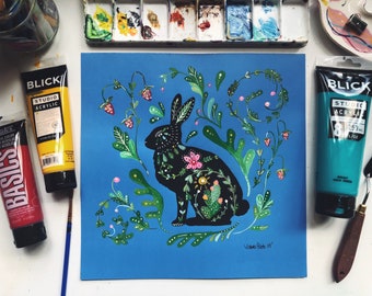 Folk Rabbit Illustration: Original Acrylic Painting, Botanical Wall Art
