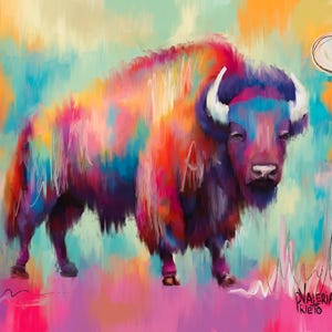 Bison Fiesta, original acrylic painting, animal art, bison wall art, bison lovers, colorful vibrant bison art.