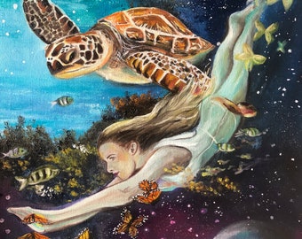 Sea Turtle and girl painting. COSMIC OCEANS oil painting. TURTLE and girl portrait painting. Sea painting