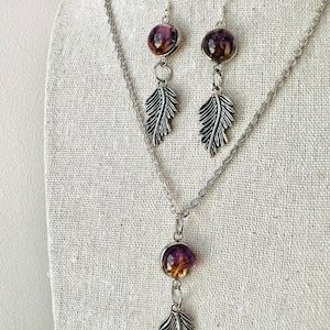 Purple statice pressed flowers jewelry set pendant and earrings