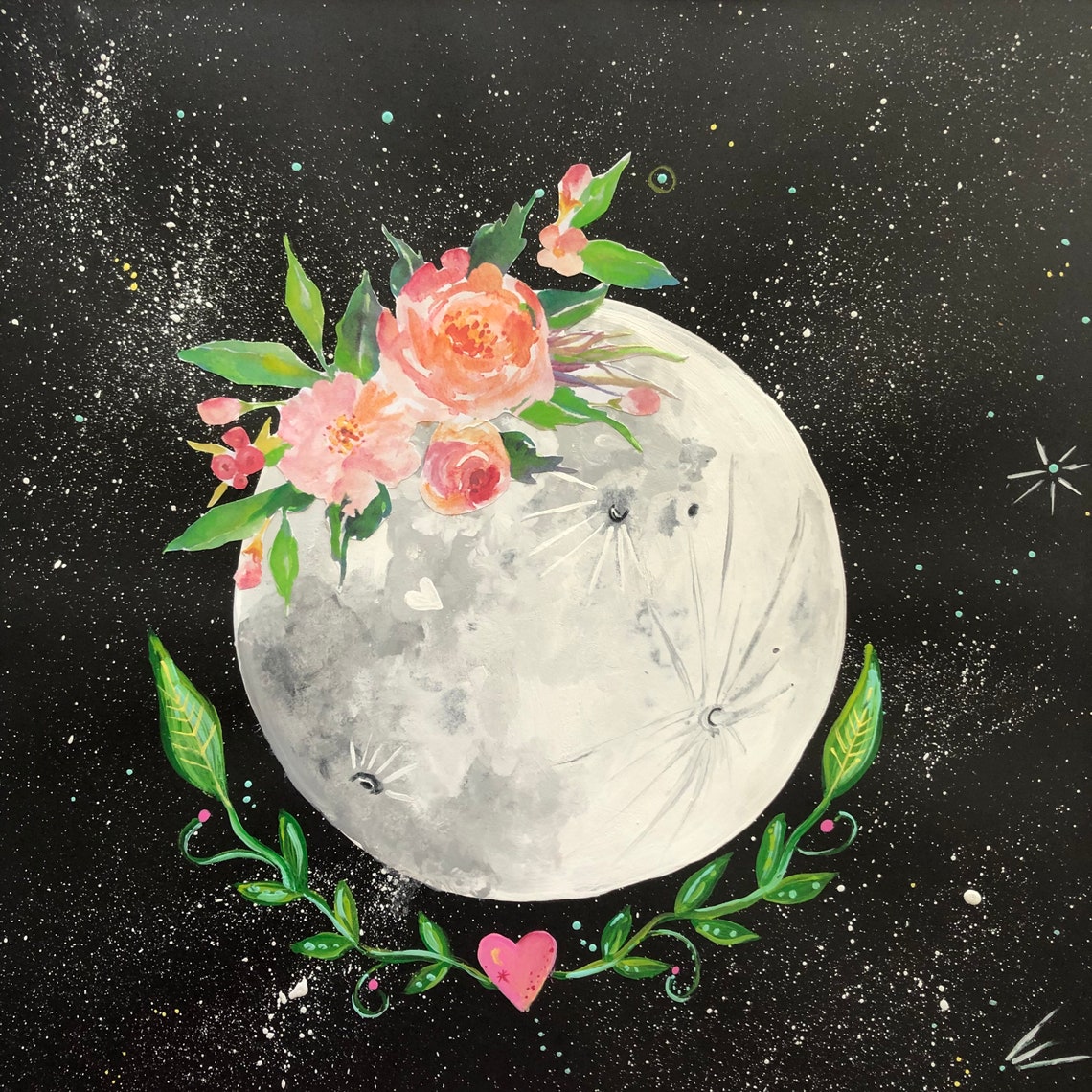 Flower Moon Original Illustration. Moon Acrylic Painting. Etsy